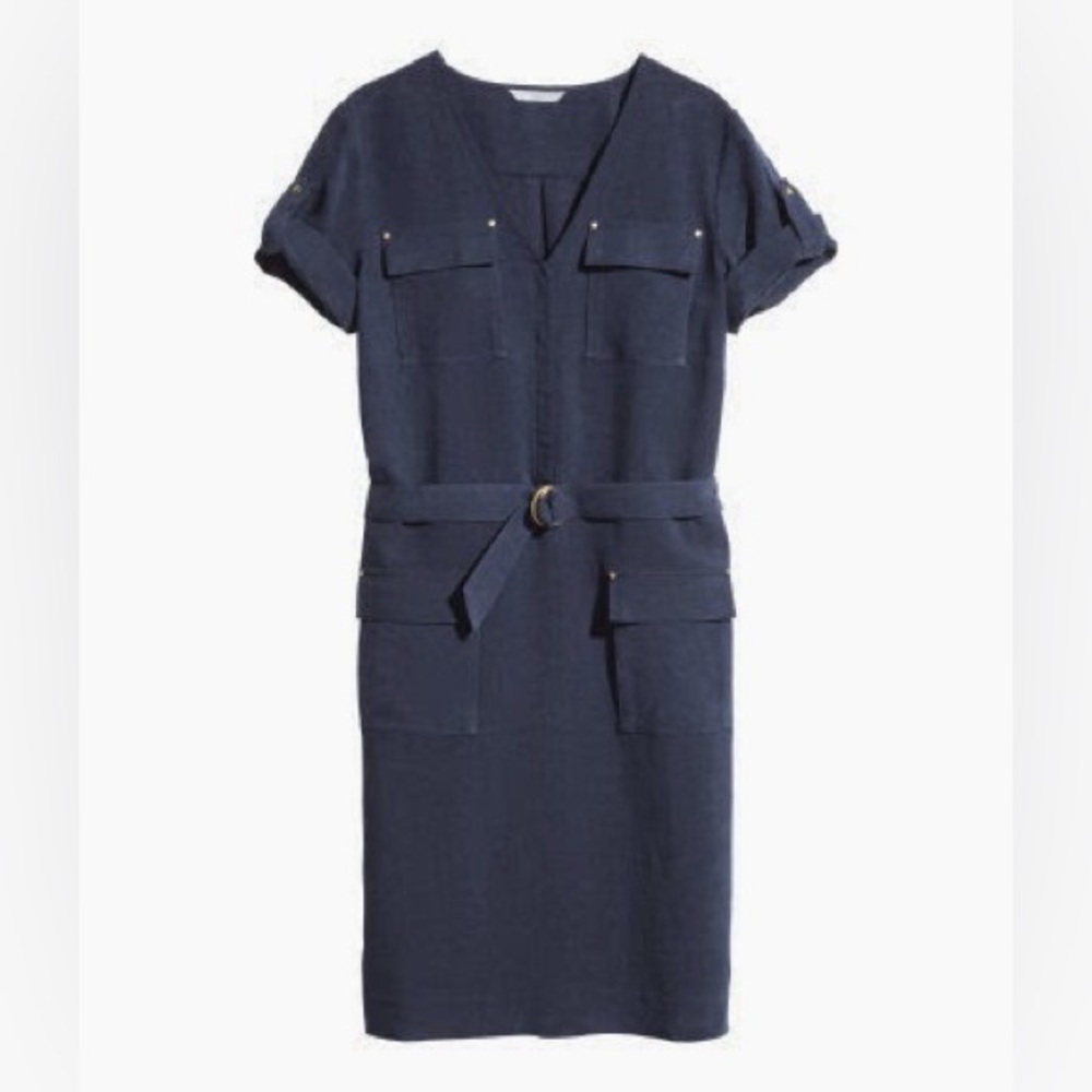 H&M Dark Blue Belted Safari Shirt Dress